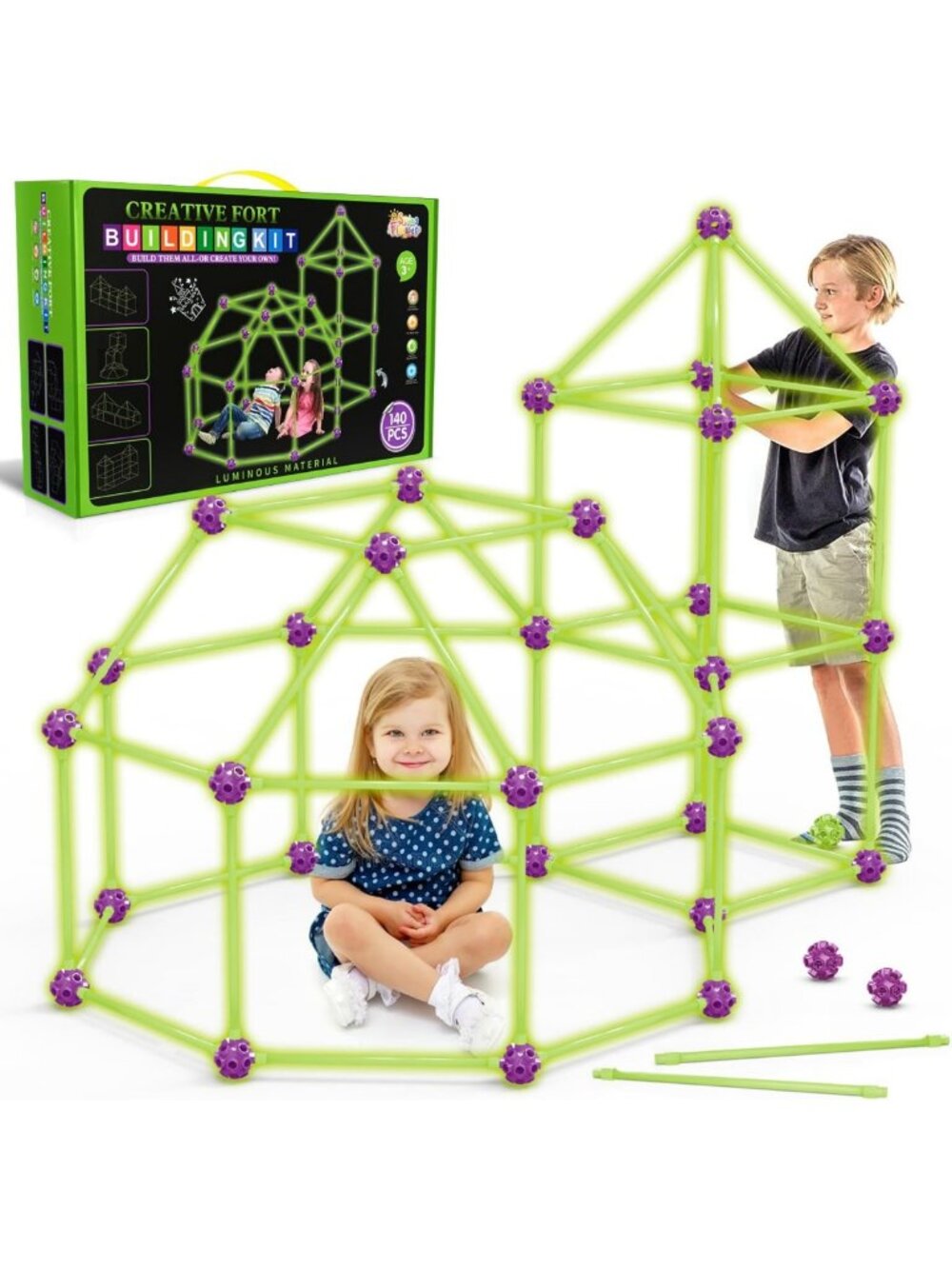 Glow in the Dark Fort Building Kit - STEM Construction Toy, 140 Pcs for Kids